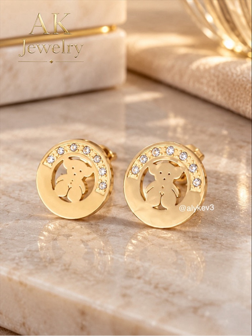 💎LUXURY EARRINGS 18K Gold Plated Crystal Teddy Bear Round Stud | AK Jewelry™